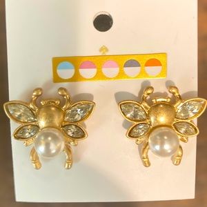 Cubic Zirconia Insect Stud Earrings with Acrylic Pearl, Real 16 K G NWOT